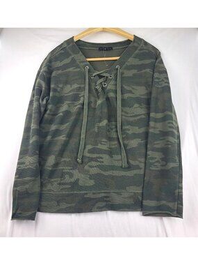 Sanctuary Anthropologie Pullover Sweatshirt Camo Lace Up V-Neck Medium